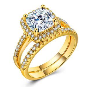 💞 18K Gold Plated Luxury Princess Cut 3A CZ Wedding Couple Ring, FB16FA1029-9